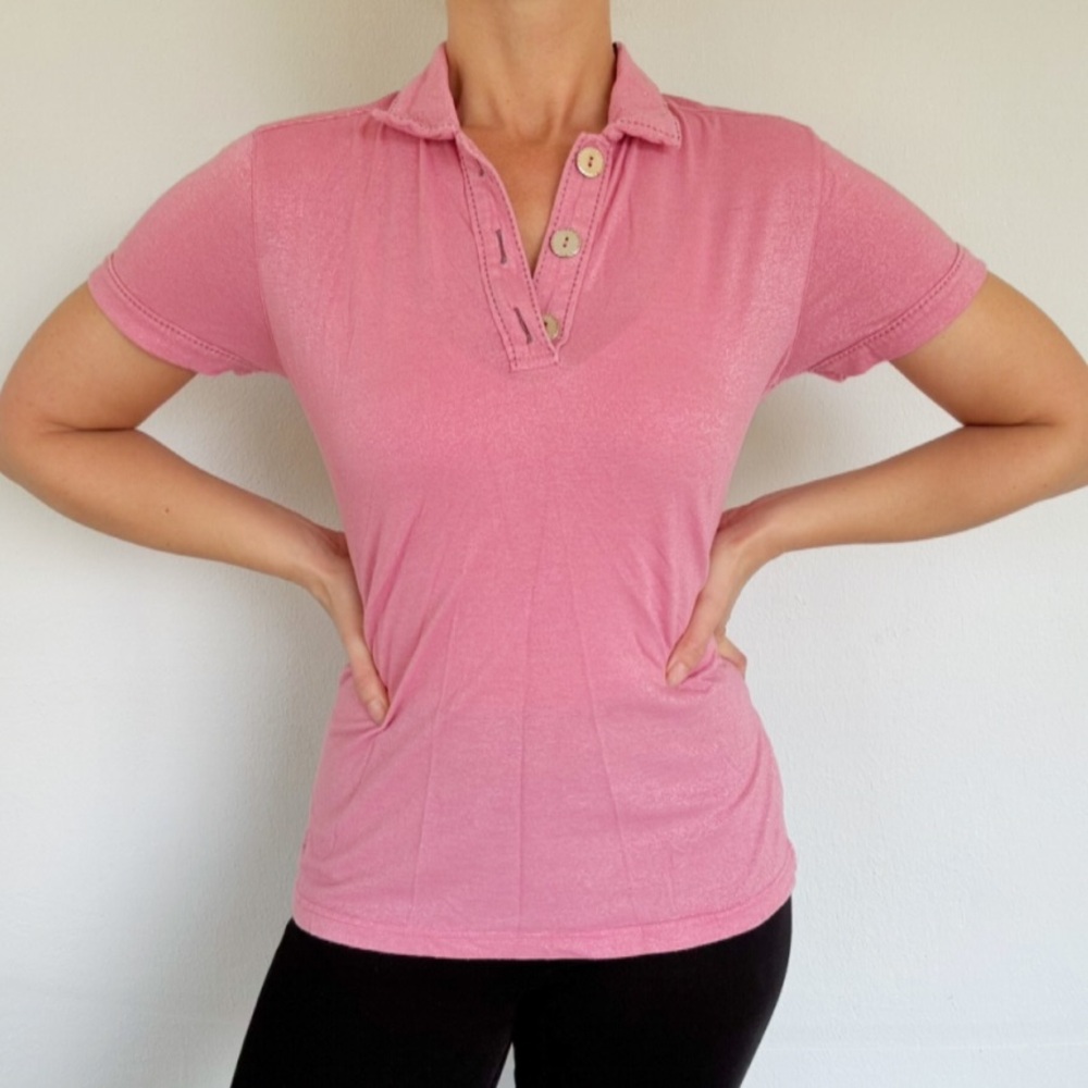 Tehama pink silver glitter Pima cotton short sleeve polo shirt size medium